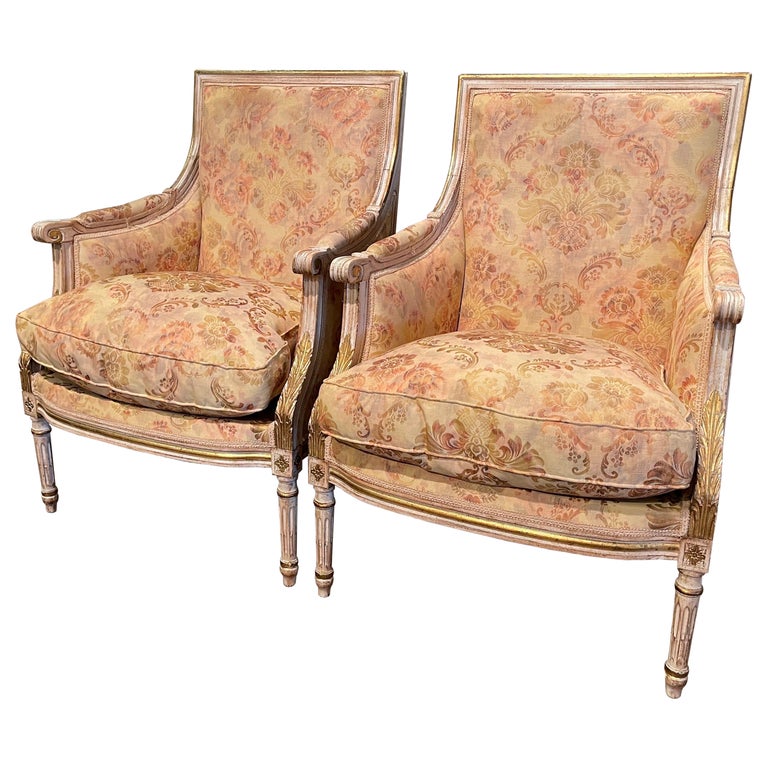 Pair of 19th Century French Louis XVI Carved Painted with Parcel Gilt ...