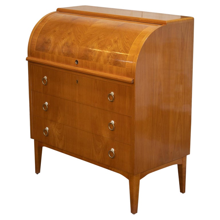 Swedish Art Moderne RollTop Writing Desk in Elm with Burl Elm Accents