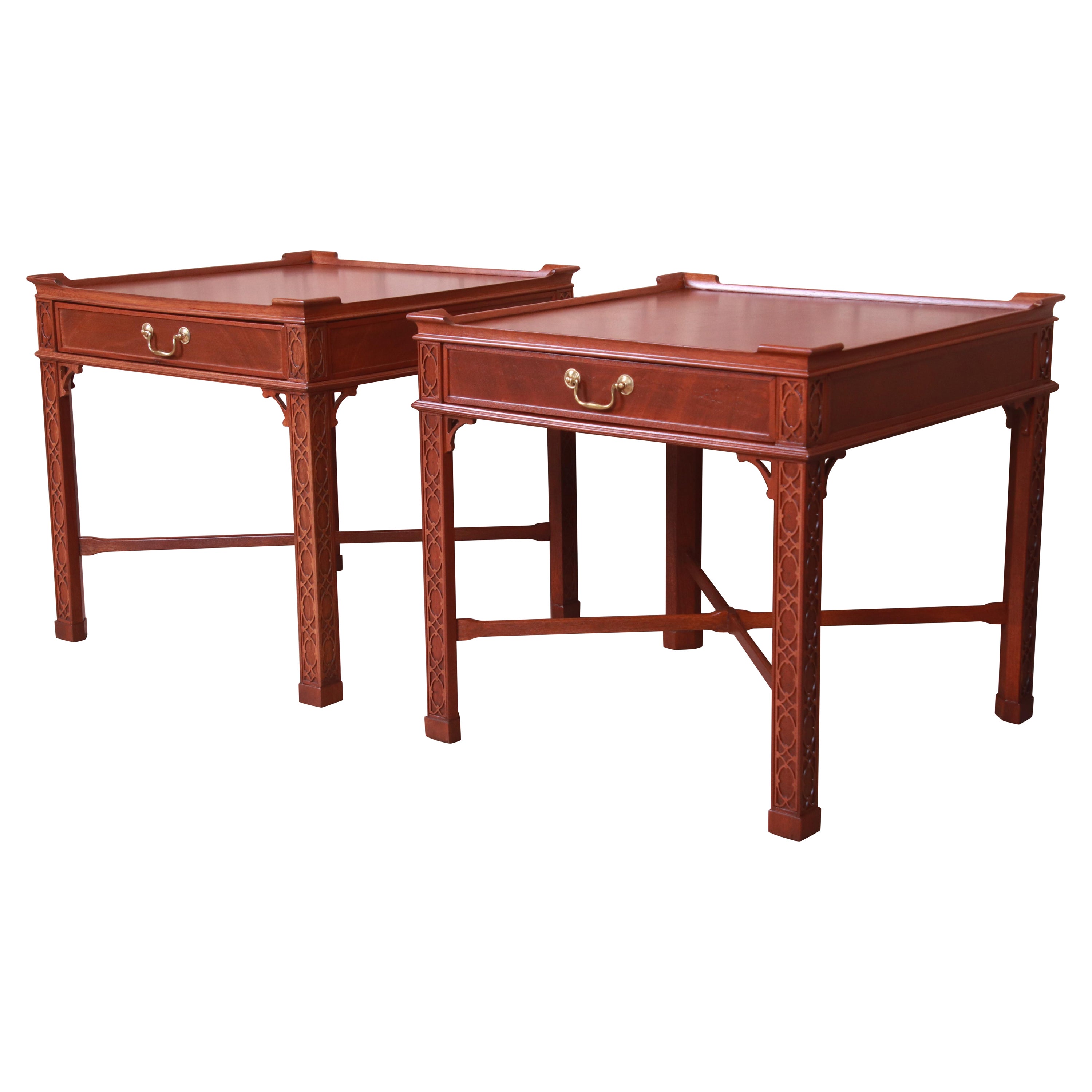 Baker Furniture Chinese Chippendale Carved Mahogany Bedside Tables, Refinished