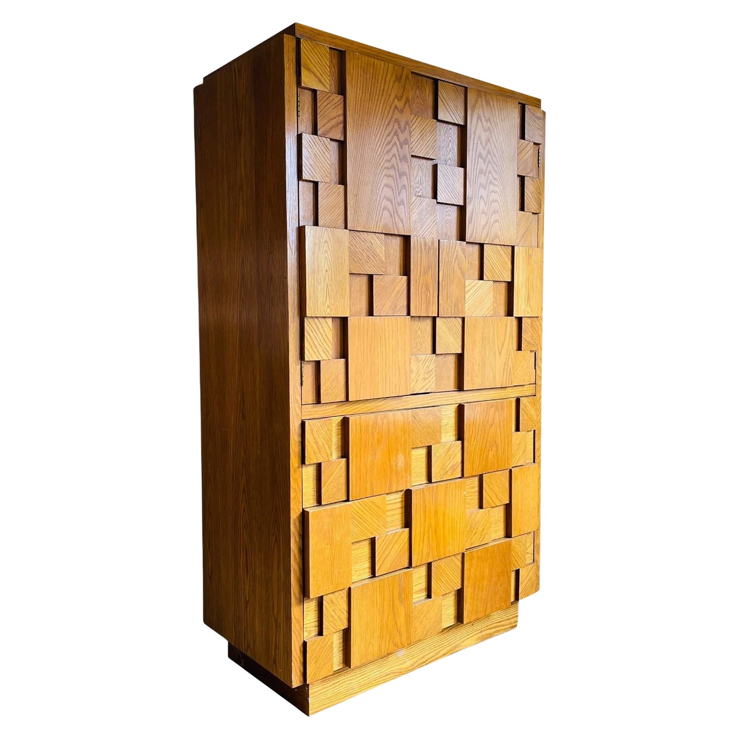 Mid-Century Modern Brutalist Wood Block Cabinet by Lane Furniture