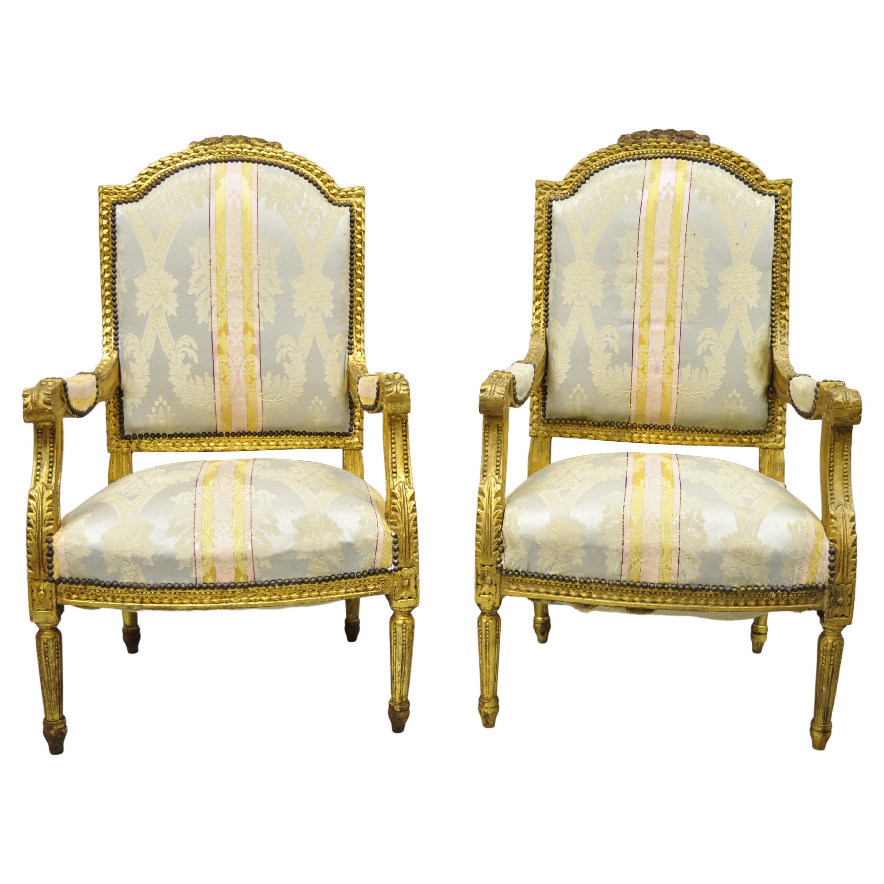 Vintage French Louis XVI Gold Giltwood Upholstered Lounge Chairs 'B', a Pair For Sale