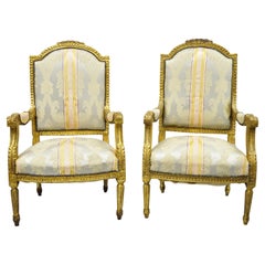 Vintage French Louis XVI Gold Giltwood Upholstered Lounge Chairs 'B', a Pair