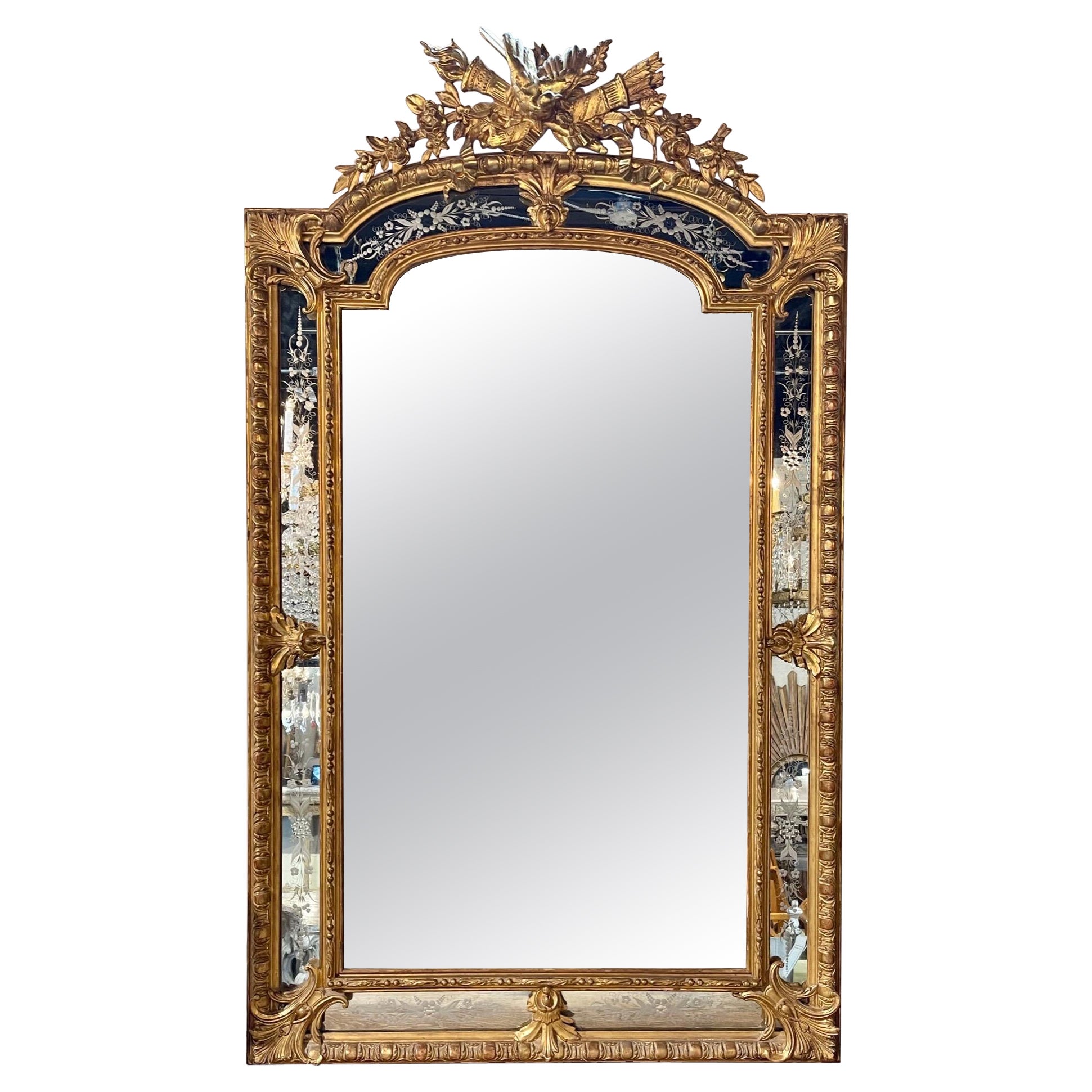 19th Century French Louis XVI Style Carved and Giltwood Etched Mirror For Sale