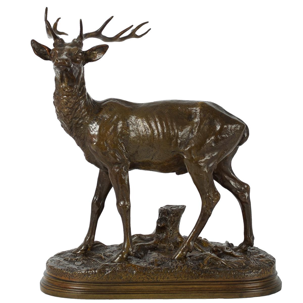 Sculpture française ancienne en bronze « cerf debout » d'Alfred Dubucand