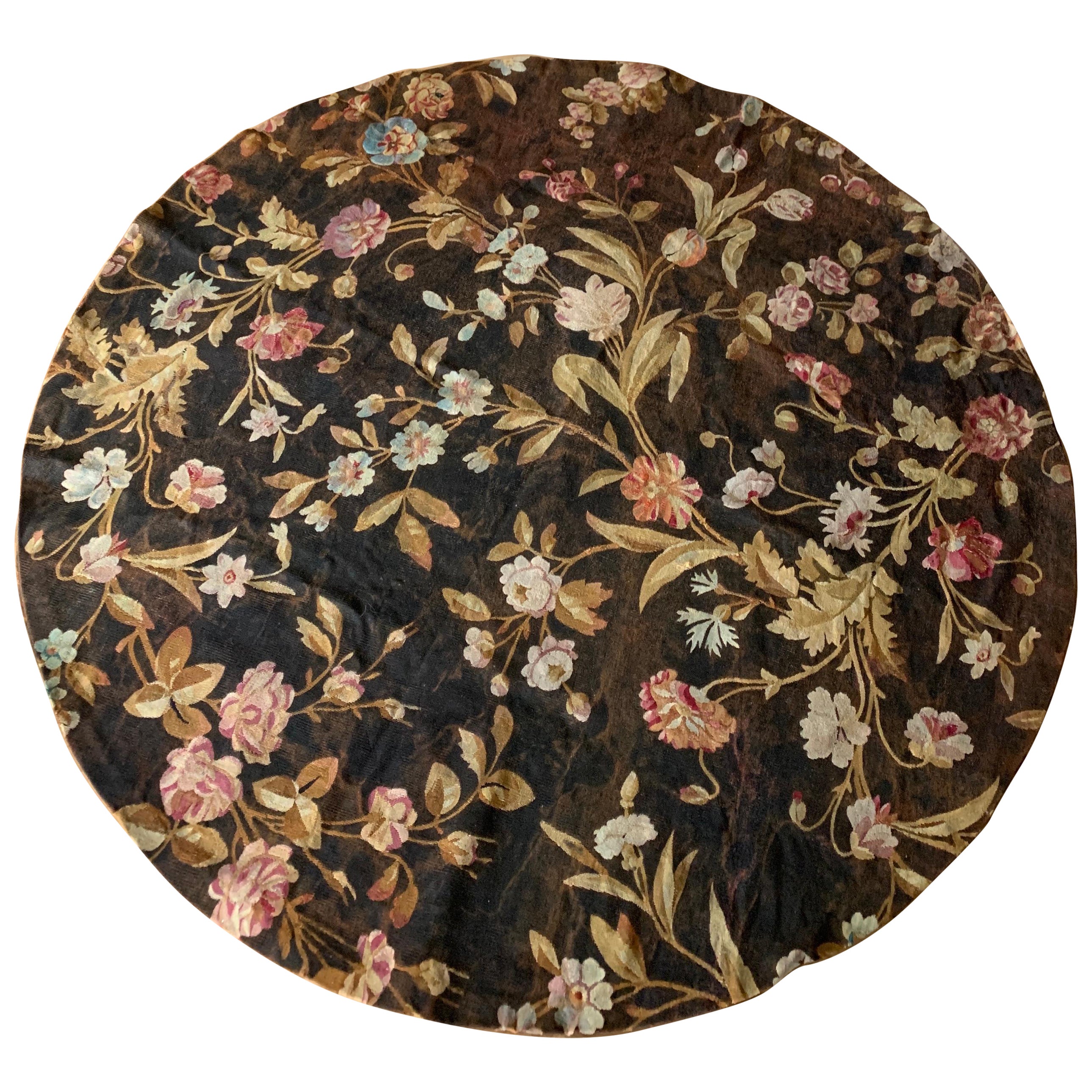 19th Century Two French Round Wool Tapestries with Flowers on Dark Ground