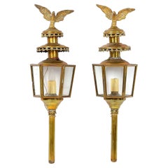 Antique 19th Century French Pair of Brass Carriage Lanterns with Eagles on the Top