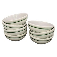 Mid-Century Restaurant Ware Porcelain Bowls in White and Green, Set of 7 1960s
