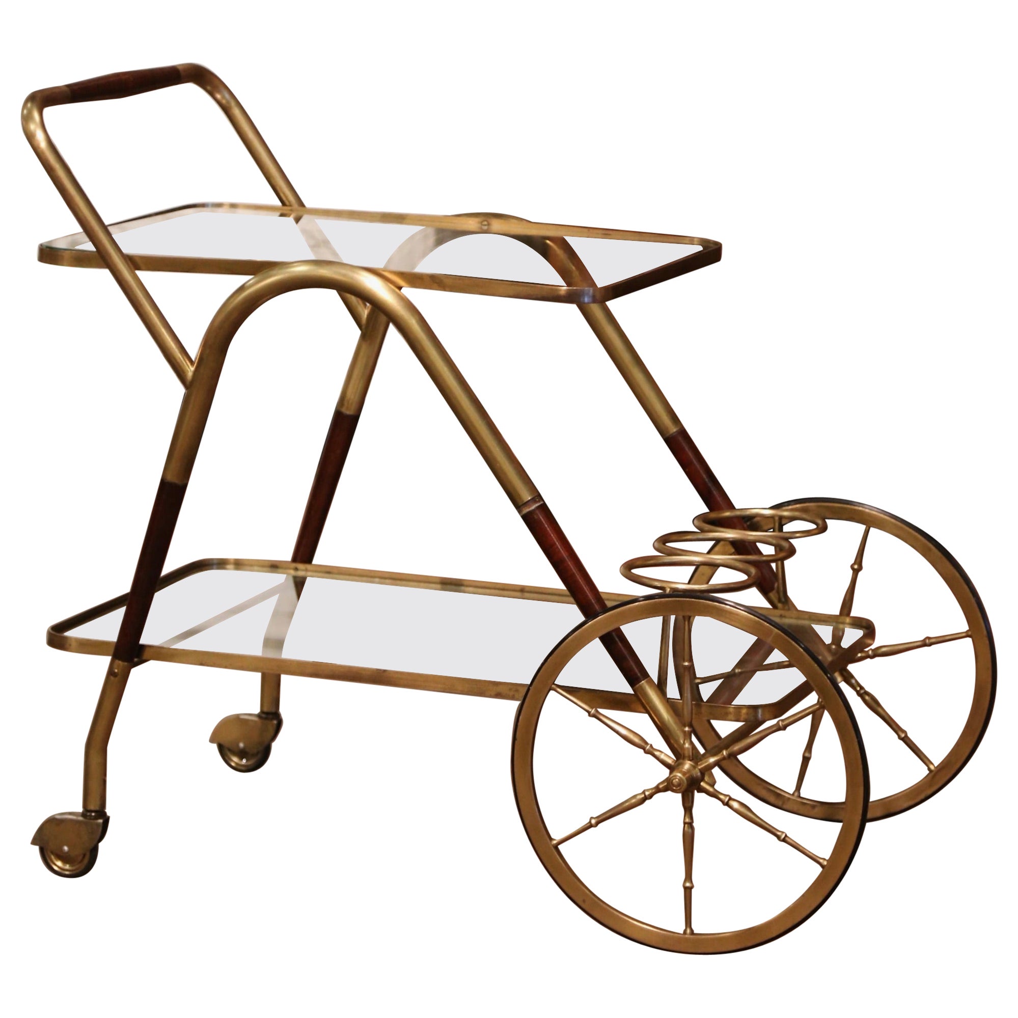 Pair of MidCentury French Brass and Smoked Glass ThreeTier Service