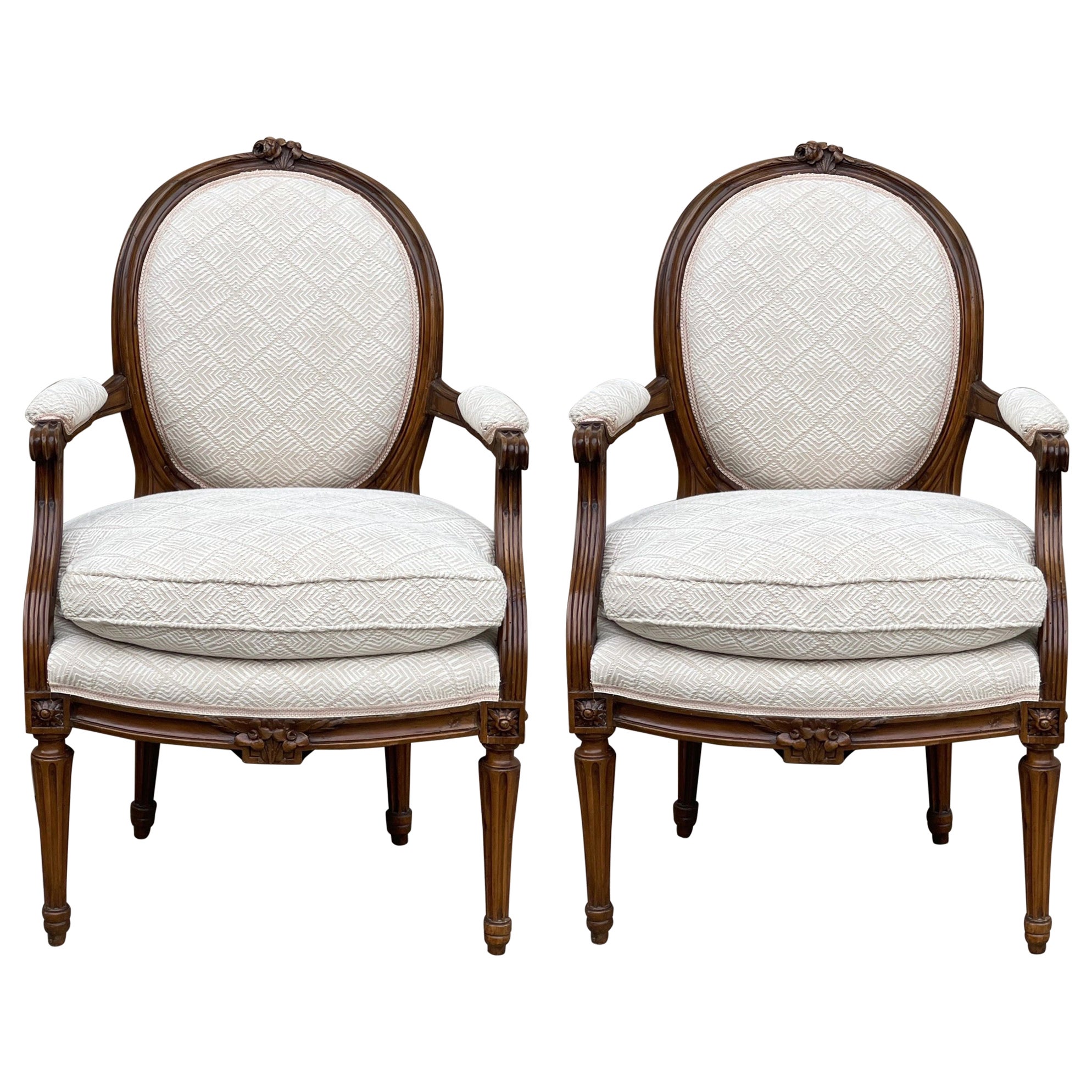 Early 20th-C. Carved Fruitwood French Louis XVI Style Bergere Chairs, Pair