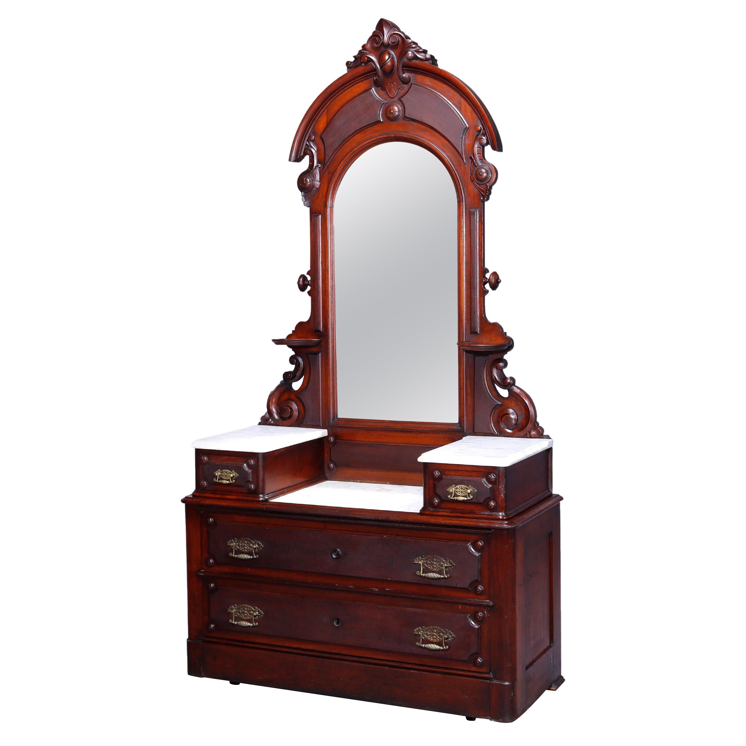 Antique Renaissance Revival Walnut & Marble Drop Center Mirrored Dresser, c1880  For Sale