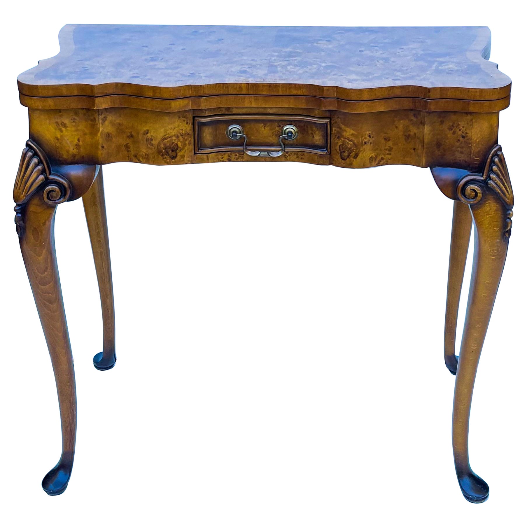 Burl Wood Leather Top Gate Leg Game Table or Console Att. Theodore Alexander For Sale