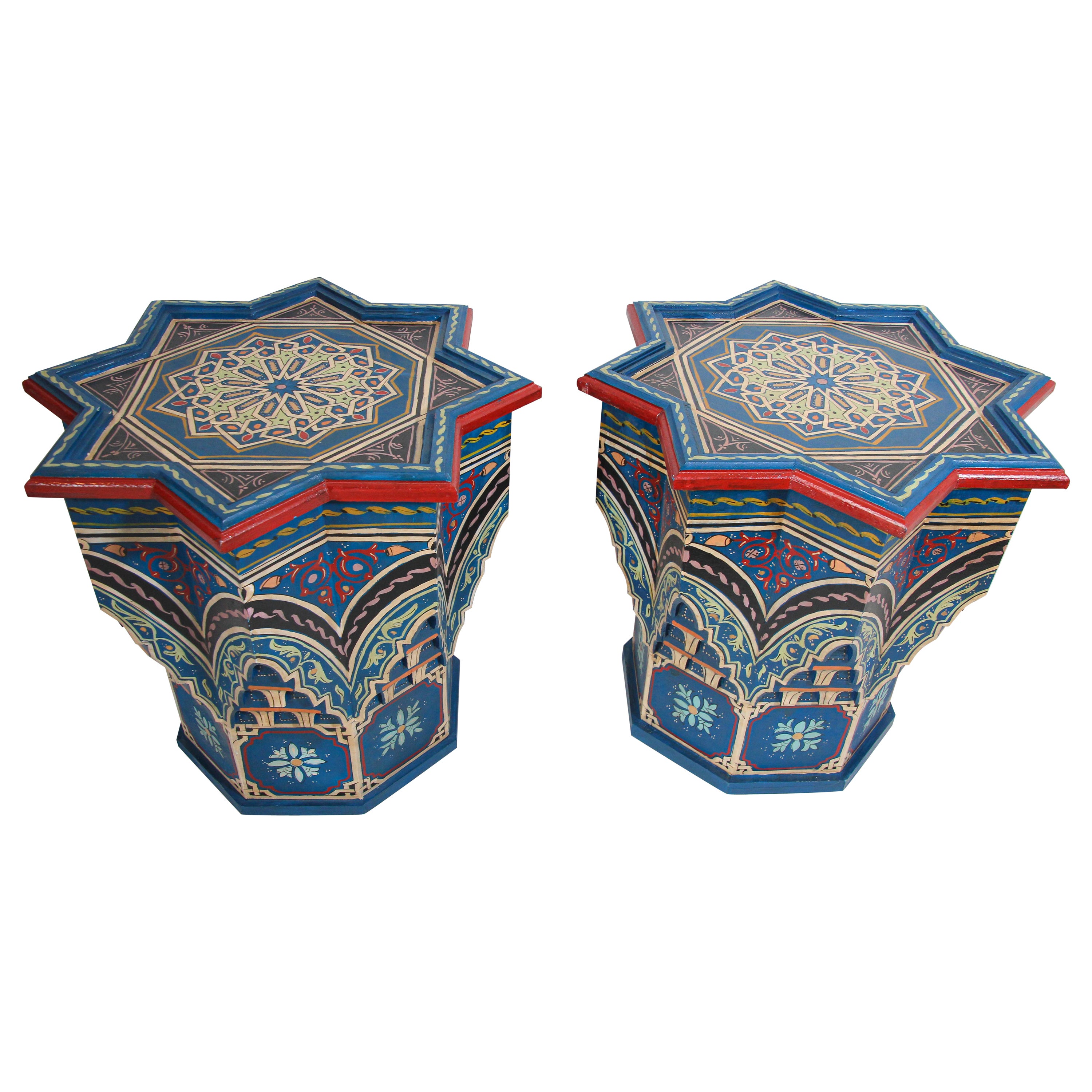 Blue Pair of Moorish Star Shape Side Tables For Sale