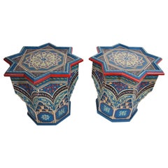 Vintage Blue Pair of Moorish Star Shape Side Tables