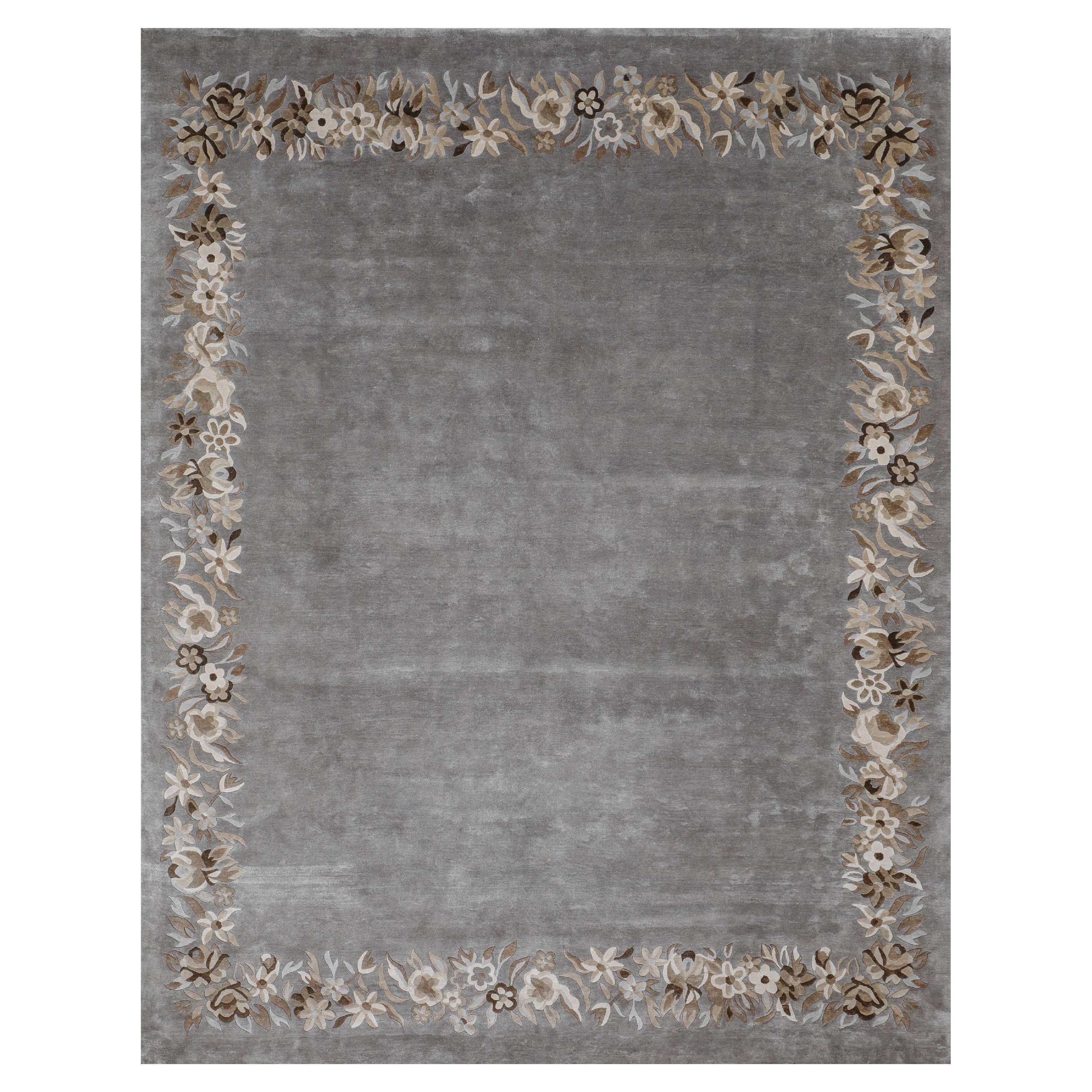 FLORUS Hand Knotted Transitional Floral Border Silk Rug in Taupe Colour By Hands