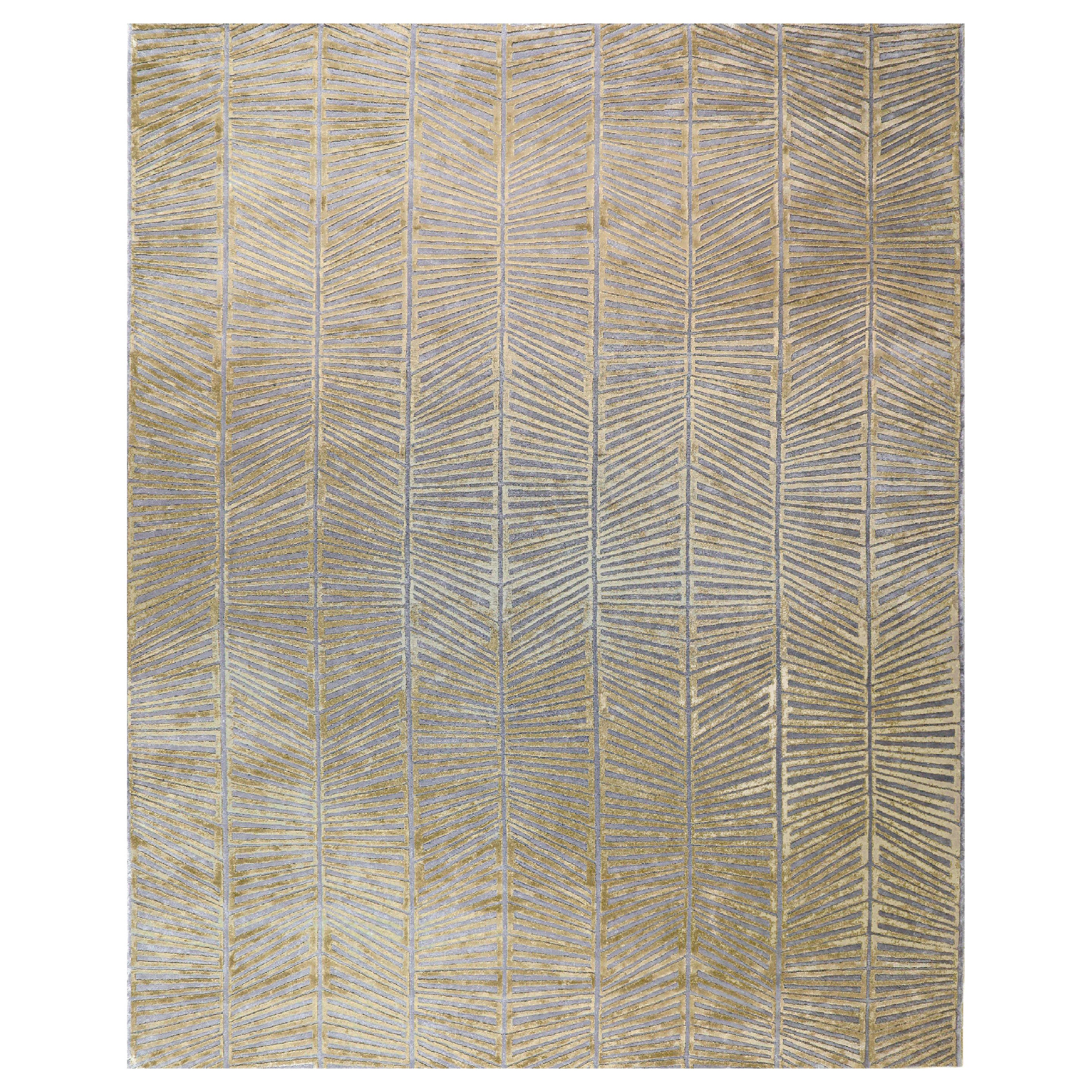 MAZILY Hand Knotted Modern Geometric Silk Rug in Gold Colour By Hands For Sale