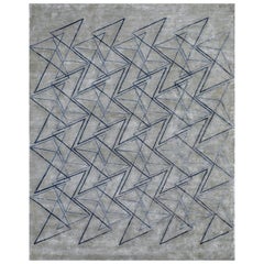 TANGENT Hand Knotted Modern Geometric Silk Rug in Grey Blue Colour By Hands