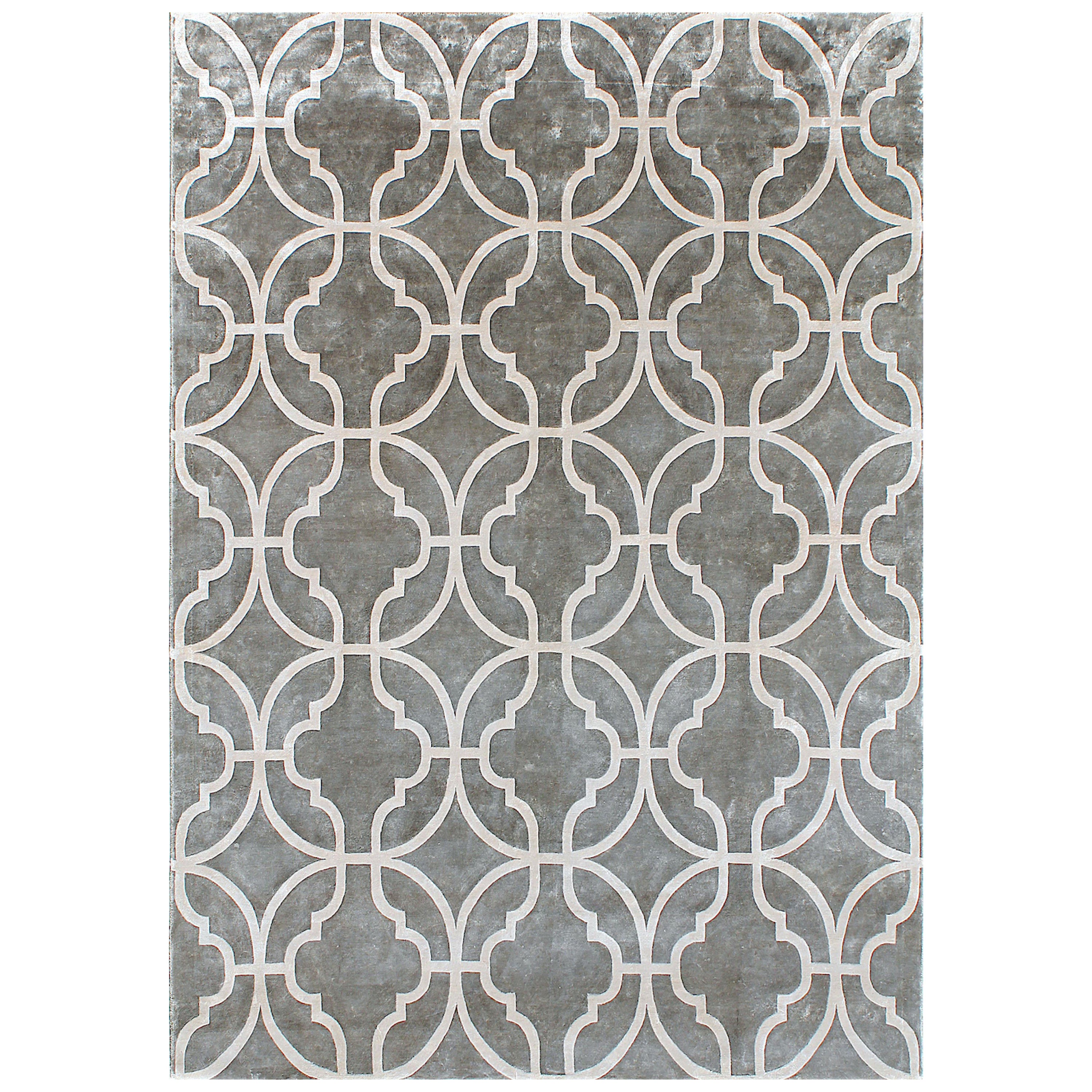 TREILLAGE Hand Knotted Modern Geometric Silk Rug in Taupe Colour By Hands For Sale