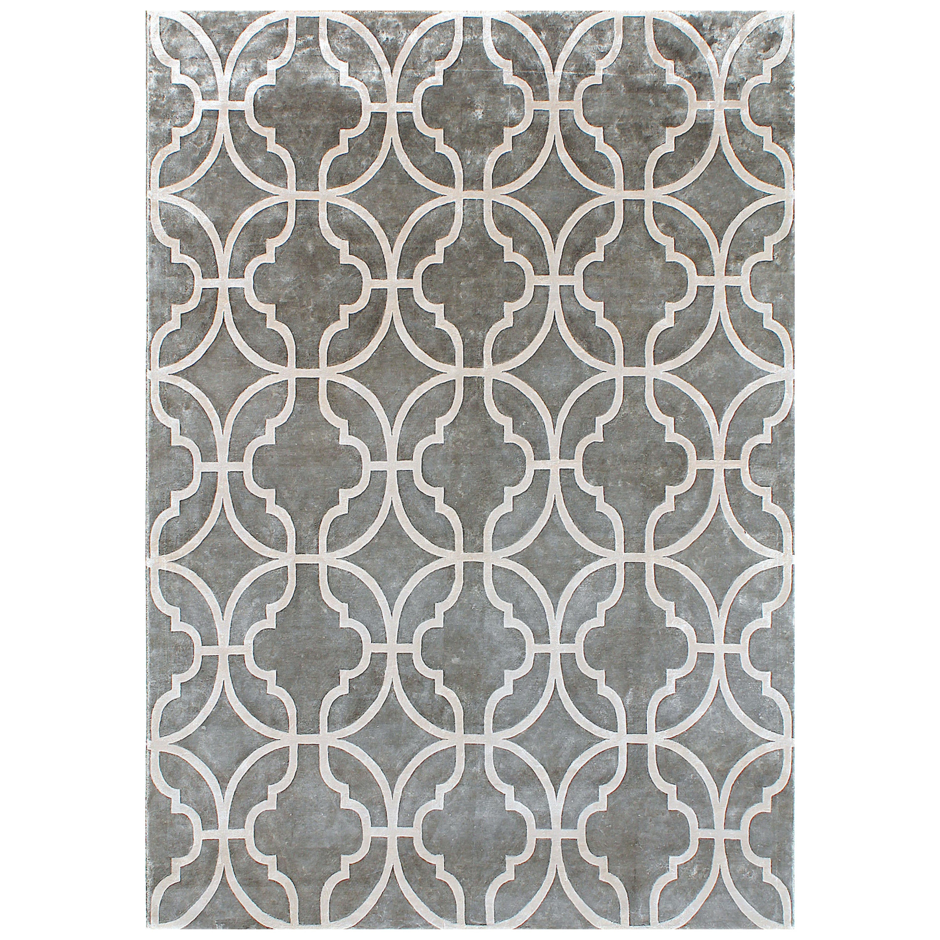 TREILLAGE - Tapis en soie géométrique moderne noué à la main, couleur taupe, fait à la main