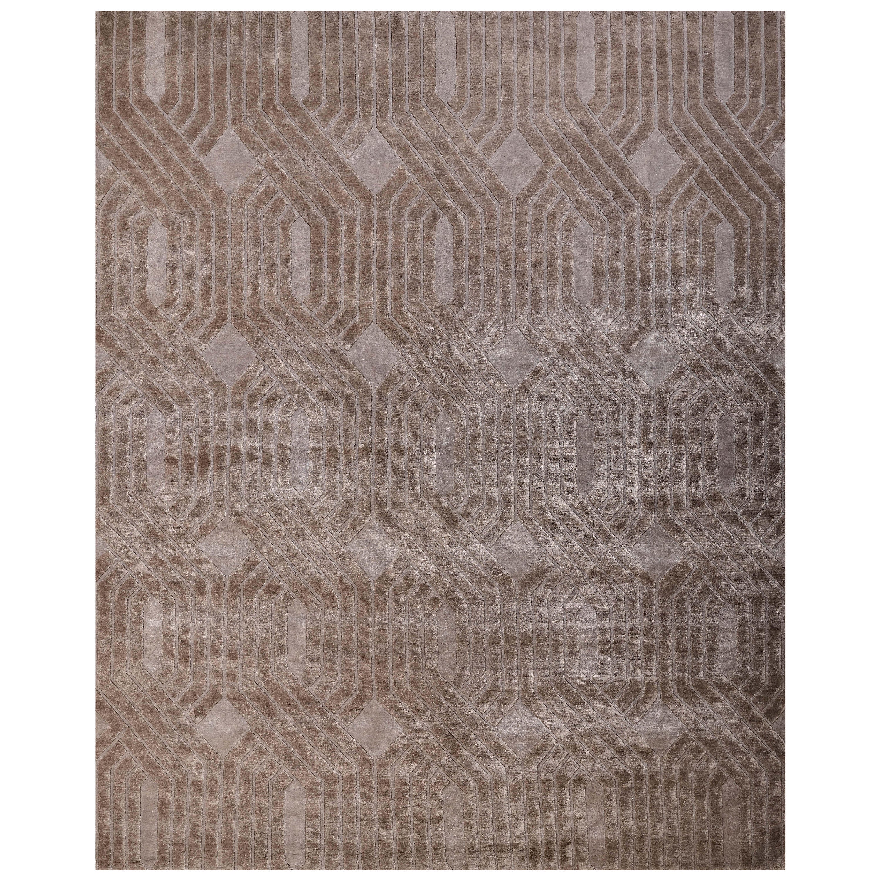 TRINITY - Tapis en soie géométrique moderne noué à la main, couleur beige, fait main