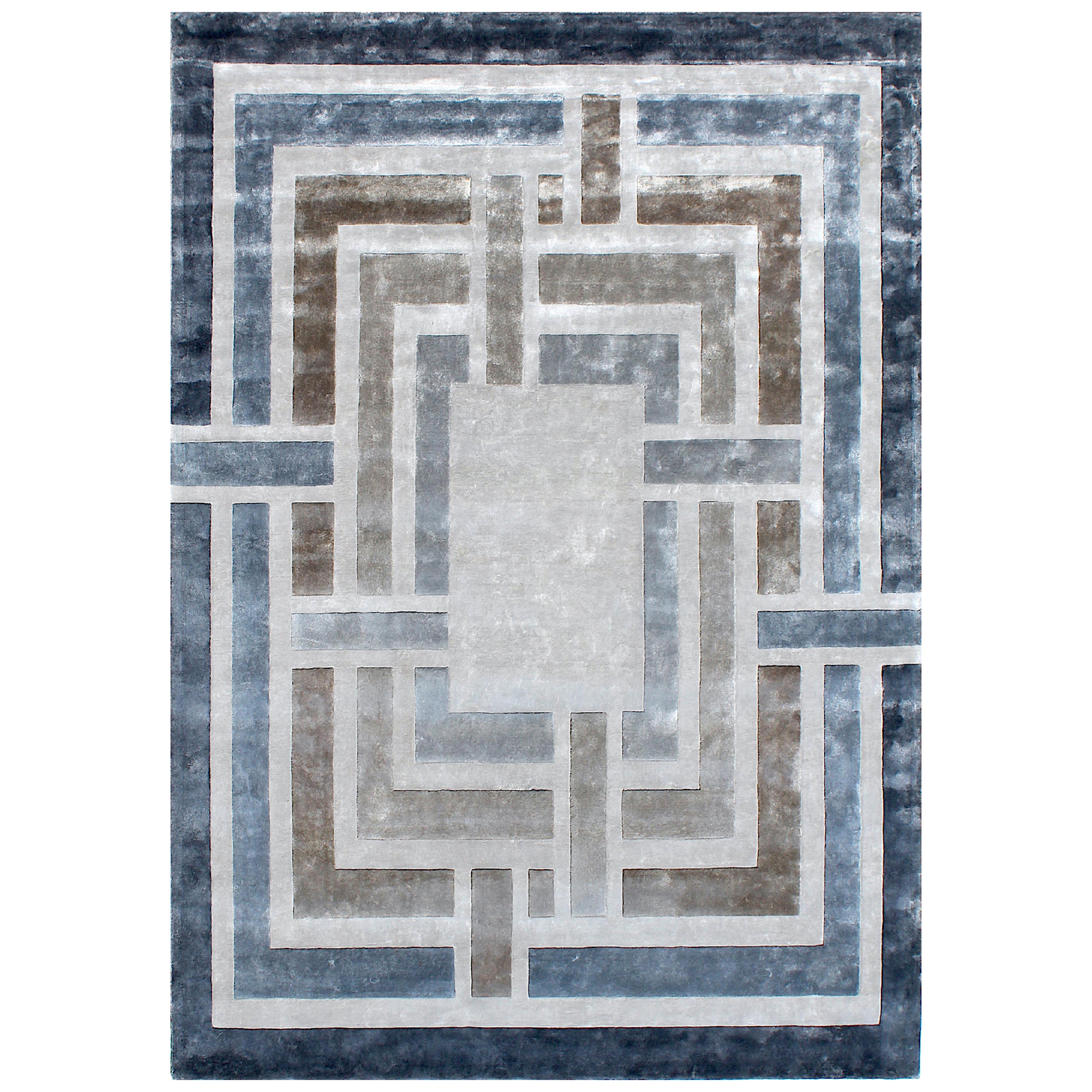 VERGE tapis moderne géométrique en soie touffeté à la main de couleur bleu beige, fait main