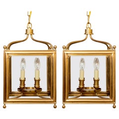 Vintage Pair Of Brass and Glass Lantern Chandeliers