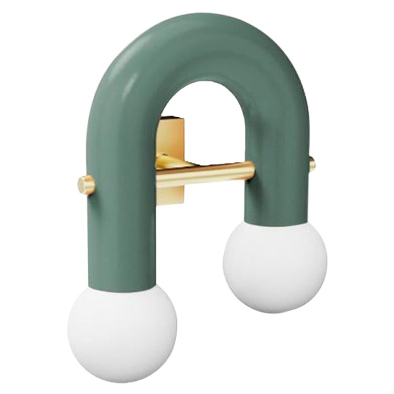 Contemporary Art Deco Wall Sconce Pyppe II Brass, Opal Glass and Forest Green For Sale