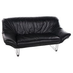 Italian Black Leather Postmodern 2 Seater Sofa, 1970s