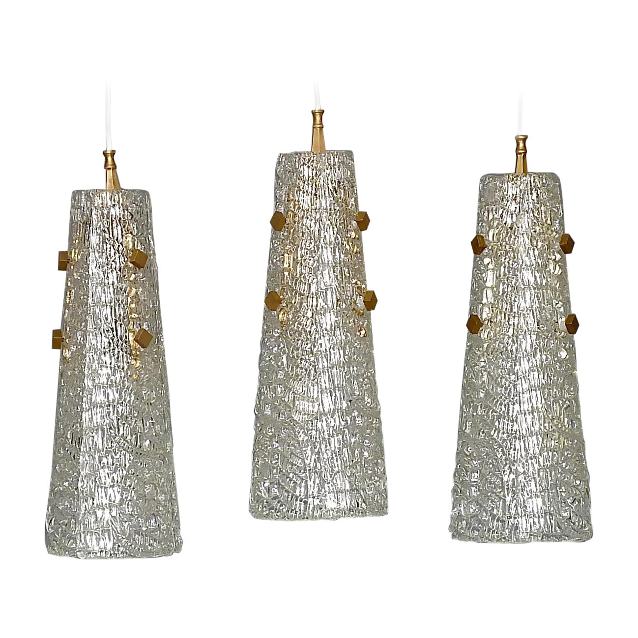 Set of 3 Large Paolo Venini Lamps Textured Murano Ice Glass Brass 1950 Kalmar For Sale