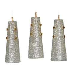 Vintage Set of 3 Large Paolo Venini Lamps Textured Murano Ice Glass Brass 1950 Kalmar