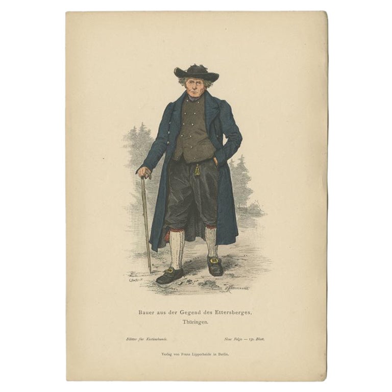 Antiker Kostümdruck eines Bauern aus der Region Ettersberg in Deutschland, um 1880
