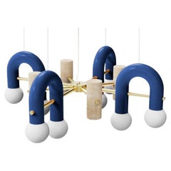 Contemporary Art Deco Pendant Lamp Pyppe 100 Brass, Cobalt Blue, Travertine