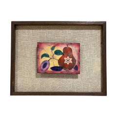 1960s Colorful Modern Still Life Enamel Wall Art Abstract Fruit on Table Signed
