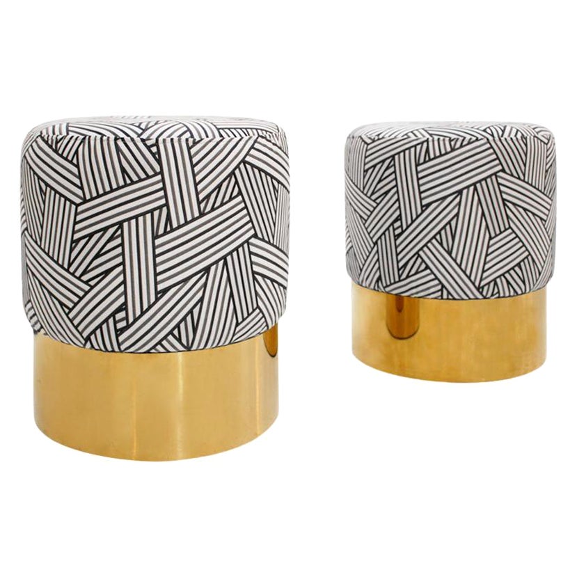 Contemporary Circular Cotton Jacquard and Brass Pair of Italian Poufs