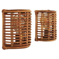 Bamboo Rattan Italian Modern Half Cylinder Wall Sconces, Pair