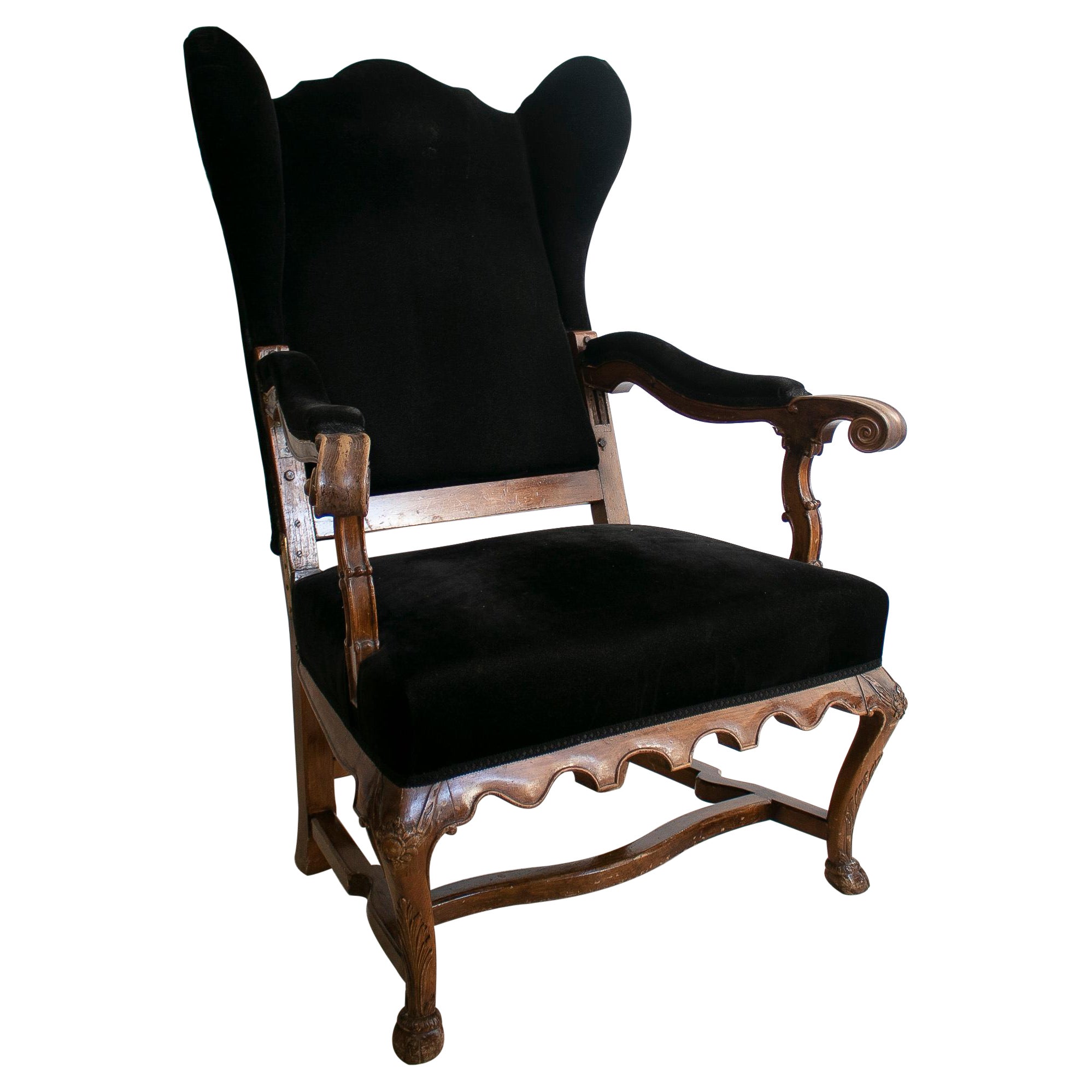 19th Century English Wooden Winged Armchair w/ Velvet Upholstery For Sale
