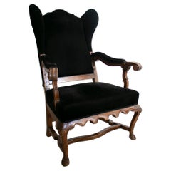 Antique 19th Century English Wooden Winged Armchair w/ Velvet Upholstery