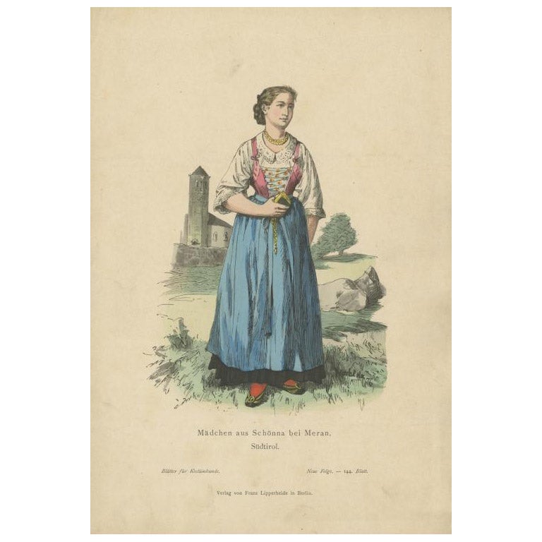Antique Costume Print of a Girl from Schenna, South Tyrol, Italy , c1880 For Sale