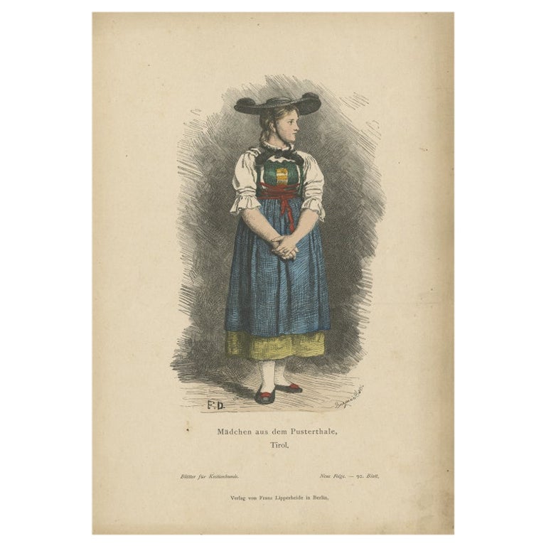 Antique Costume Print of a Girl from Val Pusteria, Tyrol, c.1880 For Sale