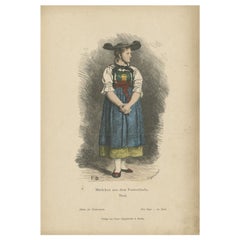 Antiker Kostümdruck eines Mädchens aus Val Pusteria, Tirol, um 1880
