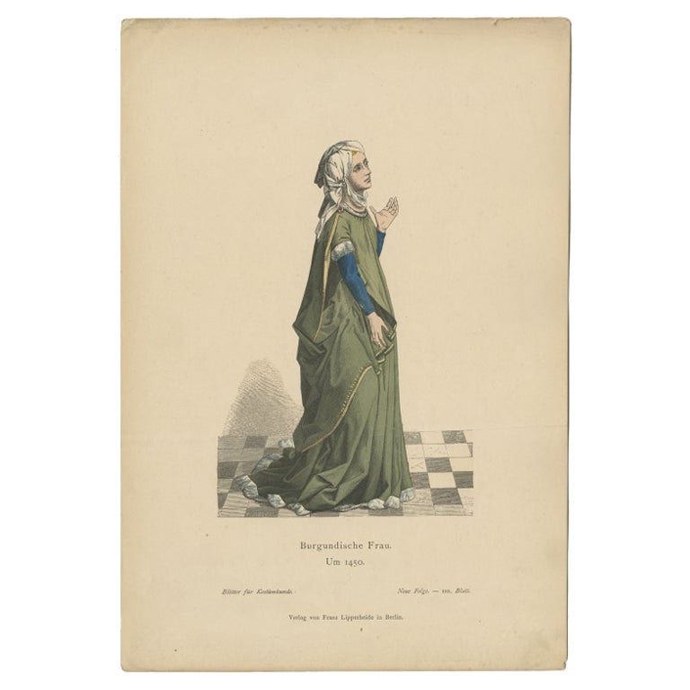 Ancienne estampe de costume d'une dame de Bourgogne, France, vers 1880
