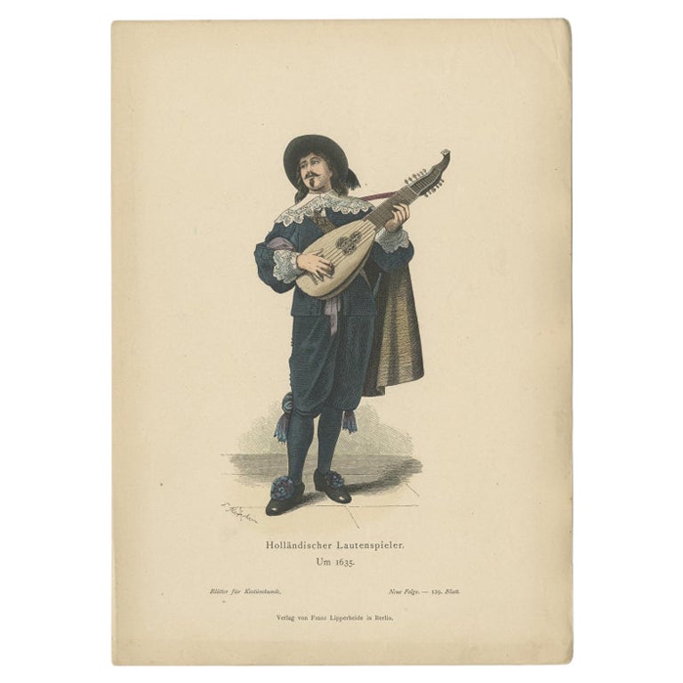 Antique Costume Print of a Lute Player from Holland, c.1880 For Sale