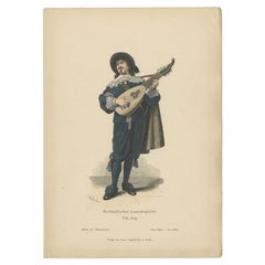 Antique Costume Print of a Lute Player from Holland, c.1880
