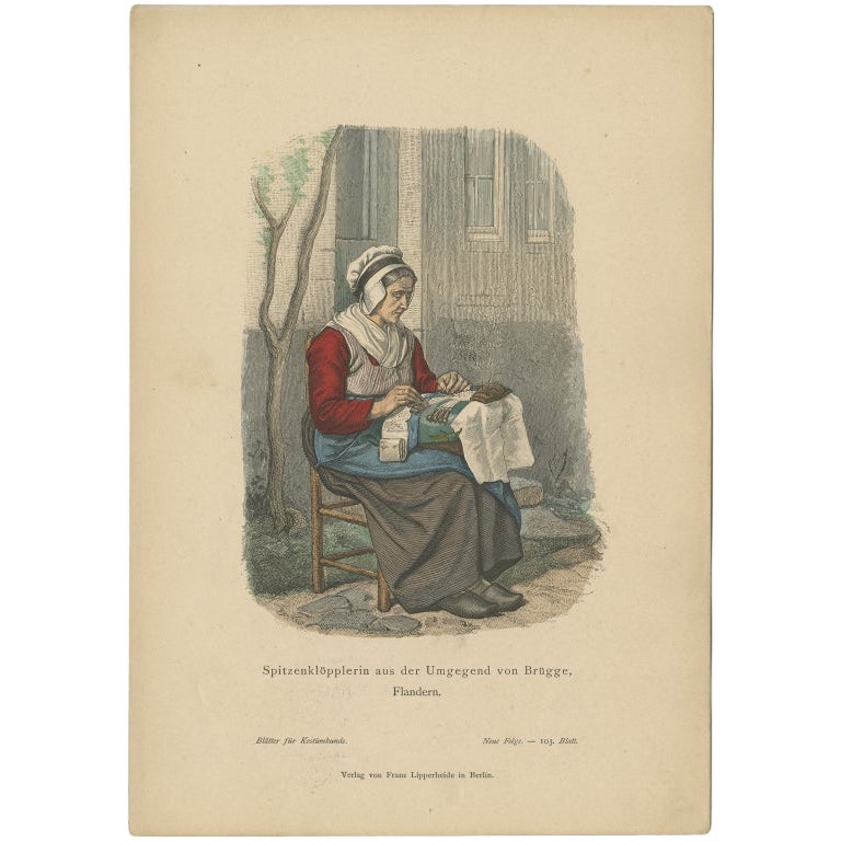 Antique Costume Print of a Lacemaker from Bruges in Belgium, c.1880 For Sale