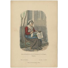 Antique Costume Print of a Lacemaker from Bruges in Belgium, c.1880