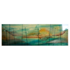 Paul Hemery 1970s Signed Resin Painting Marina Landscape w/ Boat Masts
