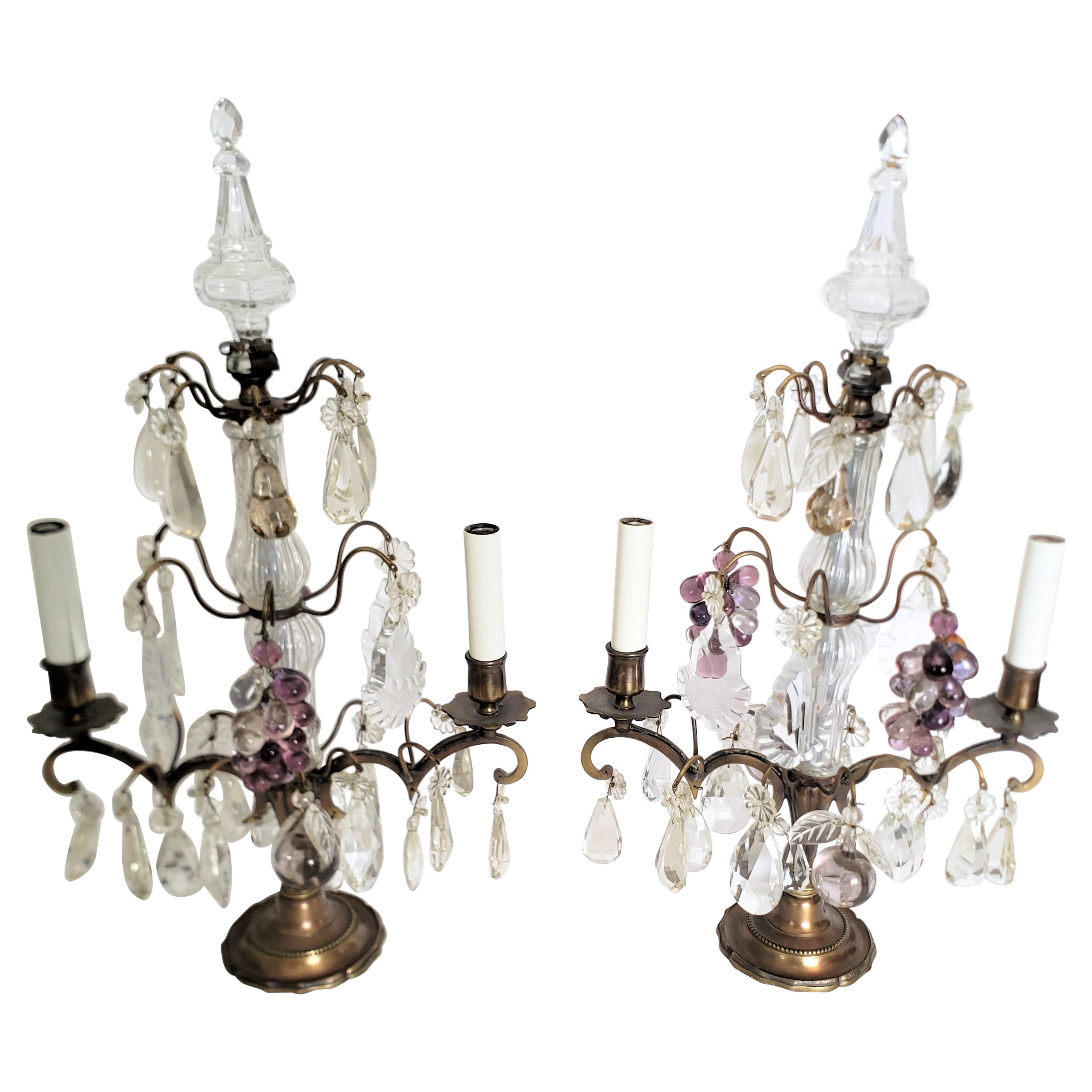 Pair of Antique French Louis XV Styled Brass & Cut Crystal Lamps & Glass Fruits For Sale