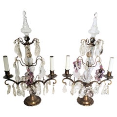 Pair of Antique French Louis XV Styled Brass & Cut Crystal Lamps & Glass Fruits
