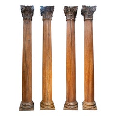 Set of Four 17th Century Spanish Wooden Fluted Columns w/ Corinthian Capitals