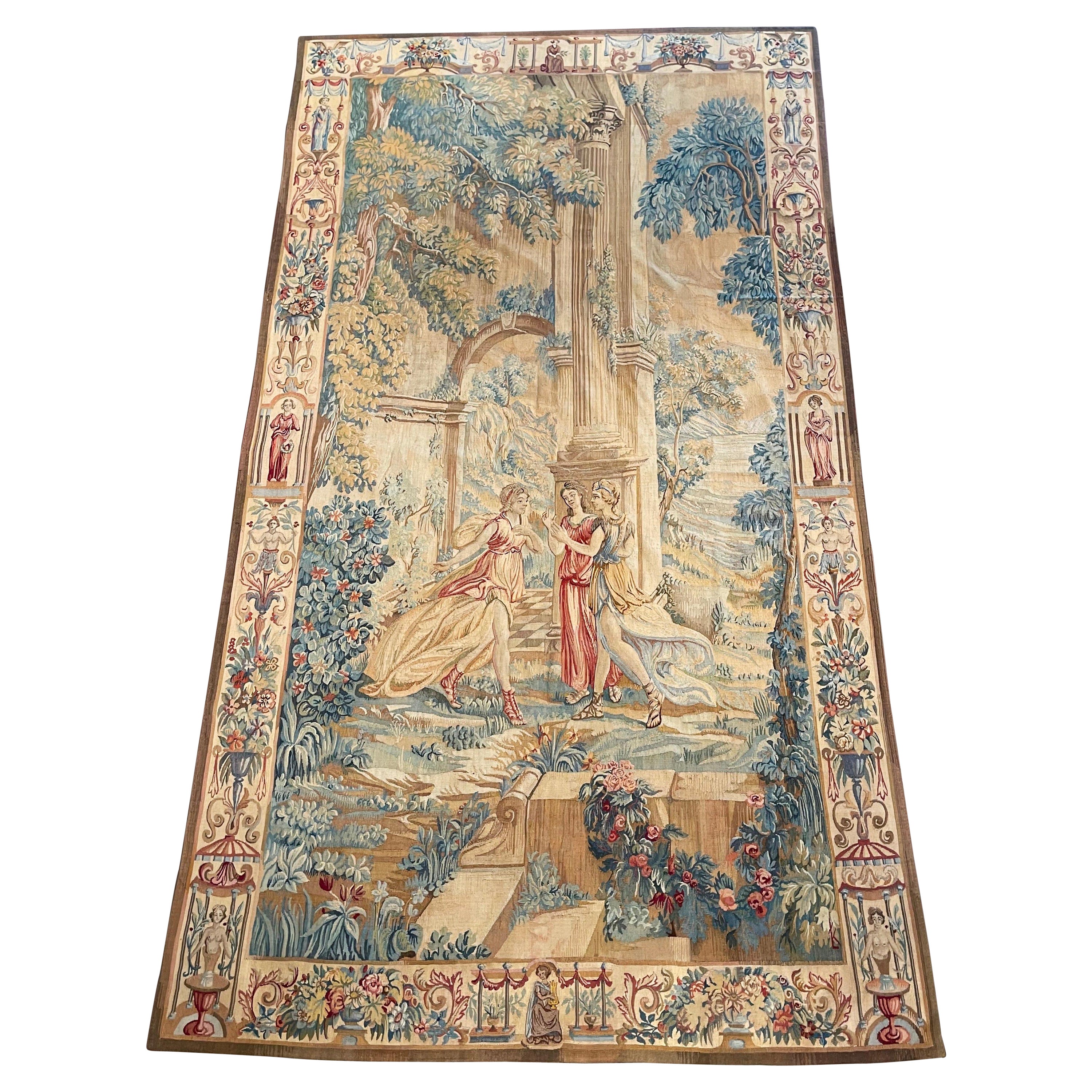 Vintage Hand Woven Neo-Classical Wall Tapestry with Roman Figures and Ruins