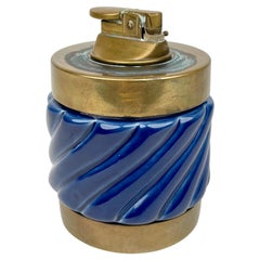 Table Lighter Blue Ceramic and Brass by Tommaso Barbi Italy 1960s